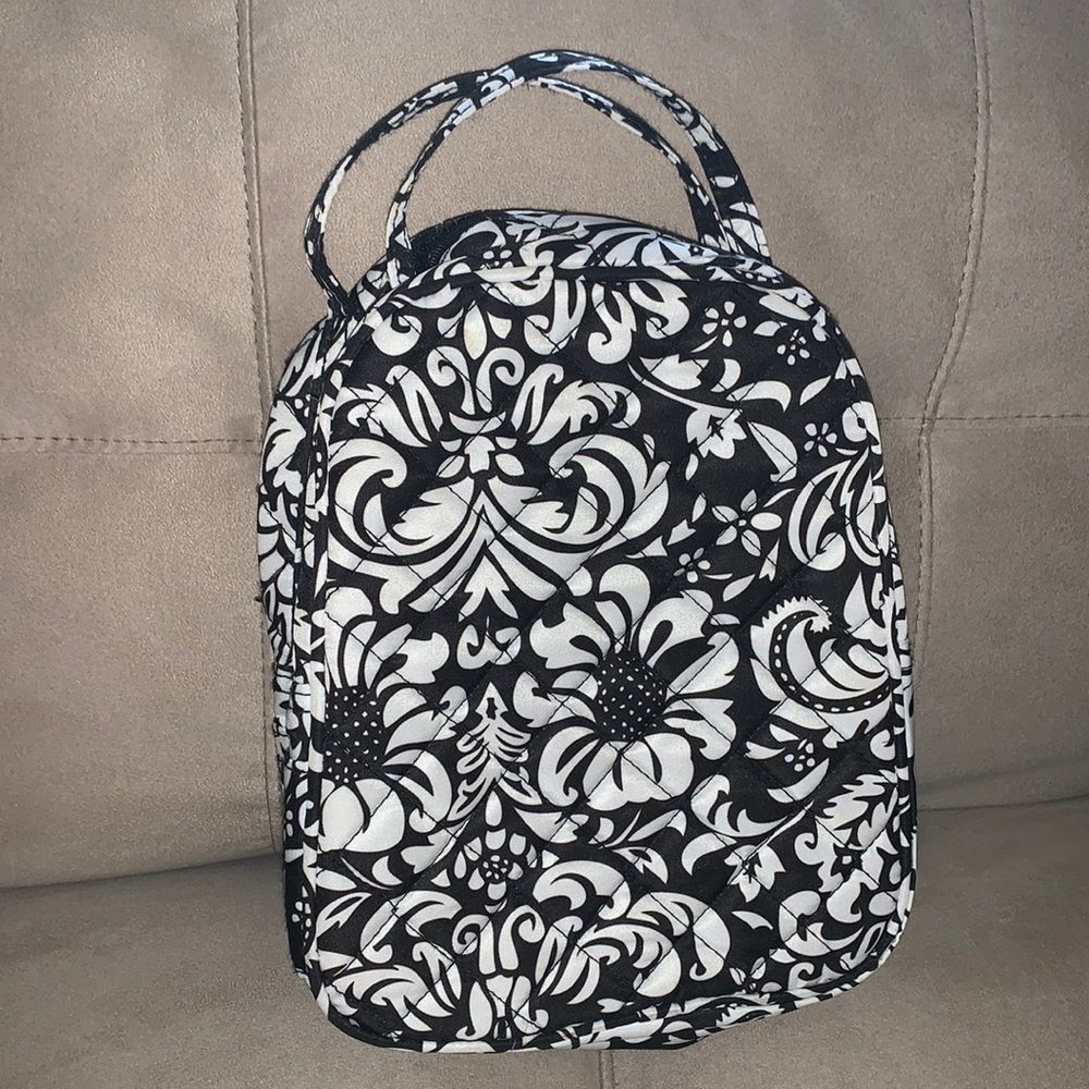 Black and white soft-sided lunch bag with handles